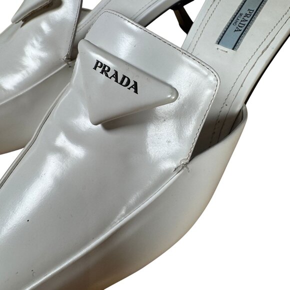 Prada White Spazzolato Triangle Logo 55M Pointed Toe Mules Heels Size 39 - Picture 6 of 13